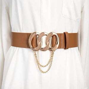 Elegant Classy Brown and Gold  Bucket Faux Leather Belt With Gold Chain